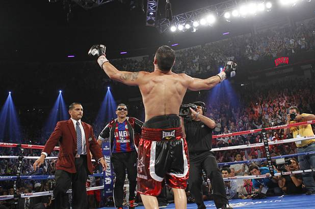 Sergio Martinez of Argentina celebrates after fighting Julio Cesar Chavez Jr. of Mexico at the Thomas & Mack Center in Las Vegas, Nevada Sept. 15, 2012.