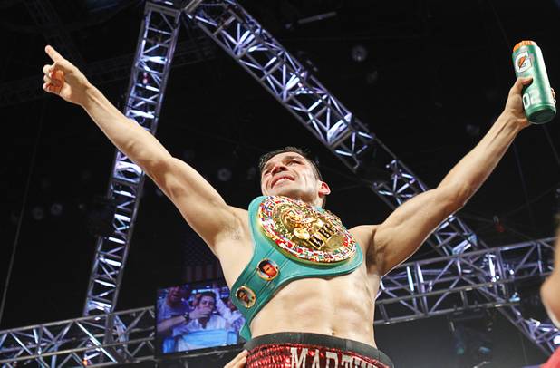 Sergio Martinez of Argentina celebrates his victory over WBC middleweight champion Julio Cesar Chavez Jr. of Mexico after their title fight at the Thomas & Mack Center in Las Vegas, Nevada Sept. 15, 2012.