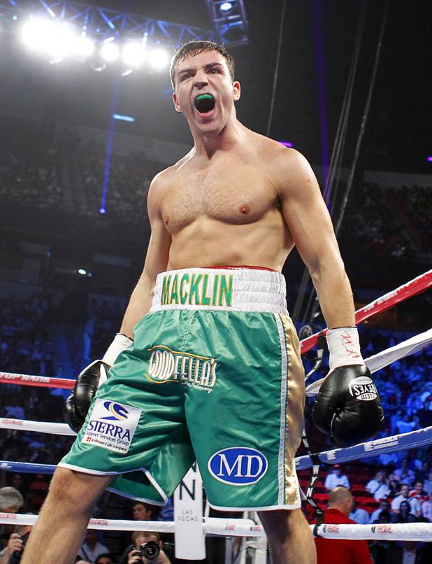 Matthew Macklin of England celebrates after defeating Joachim Alcine of Canada in a middleweight bout at the Thomas & Mack Center in Las Vegas, Nevada Sept. 15, 2012. Macklin won with a first round TKO.