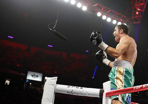 Matthew Macklin of England celebrates after defeating Joachim Alcine of Canada in a middleweight bout at the Thomas & Mack Center in Las Vegas, Nevada Sept. 15, 2012. Macklin won with a first round TKO.