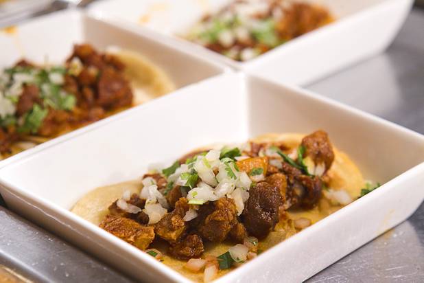 Tacos al pastor are displayed at the Wicked Spoon buffet in the Cosmopolitan Tuesday, Sept. 18, 2012.
