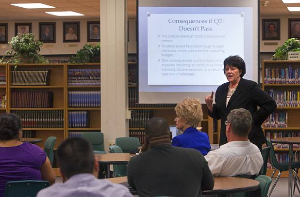 Joyce Haldeman, Clark County School District associate superintendent for community and government relations, speaks during an informational meeting at the Bonanza High School library Tuesday, Sept. 18, 2012. CCSD officials answered questions related to a property tax initiative that will be on the ballot in November.  The six-year capital levy, if approved, will raise $669 million for high-need school maintenance and renovations. 