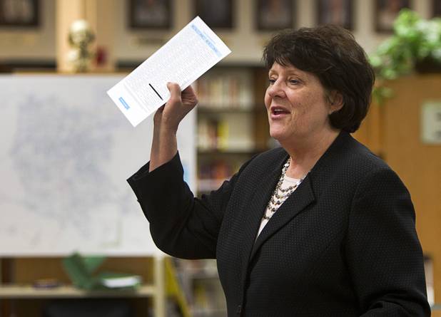 Joyce Haldeman, Clark County School District associate superintendent for community and government relations, speaks during an informational meeting at the Bonanza High School library Tuesday, Sept. 18, 2012. CCSD officials answered questions related to a property tax initiative that will be on the ballot in November. The six-year capital levy, if approved, will raise $669 million for high-need school maintenance and renovations. 