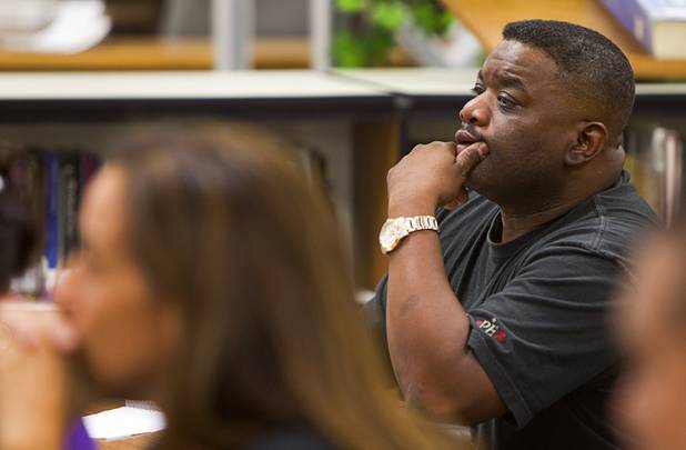 Novelt Mack Jr. of Laughlin listens during a Clark County School District informational meeting at the Bonanza High School library Tuesday, Sept. 18, 2012. CCSD officials answered questions related to a property tax initiative that will be on the ballot in November.  The six-year capital levy, if approved, will raise $669 million for high-need school maintenance and renovations. 