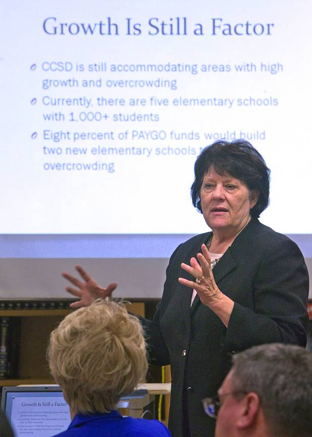 Joyce Haldeman, Clark County School District associate superintendent for community and government relations, speaks during an informational meeting at the Bonanza High School library Tuesday, Sept. 18, 2012. CCSD officials answered questions related to a property tax initiative that will be on the ballot in November.  The six-year capital levy, if approved, will raise $669 million for high-need school maintenance and renovations. 