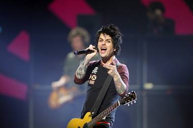 Green Day lead vocalist and guitarist Billie Joe Armstrong performs during the 2012 iHeartRadio Music Festival at MGM Grand Garden Arena on Friday, Sept. 21, 2012.