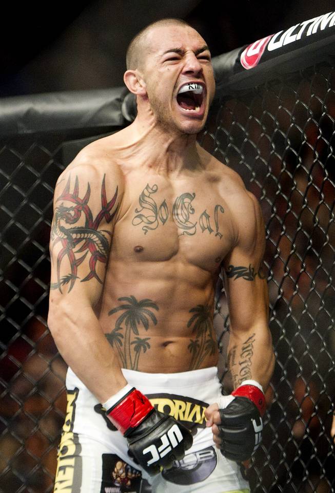 Cub Swanson reacts after knocking out Charles Oliveira during the featherweight bout at UFC 152 in Toronto on Saturday, Sept. 22, 2012.