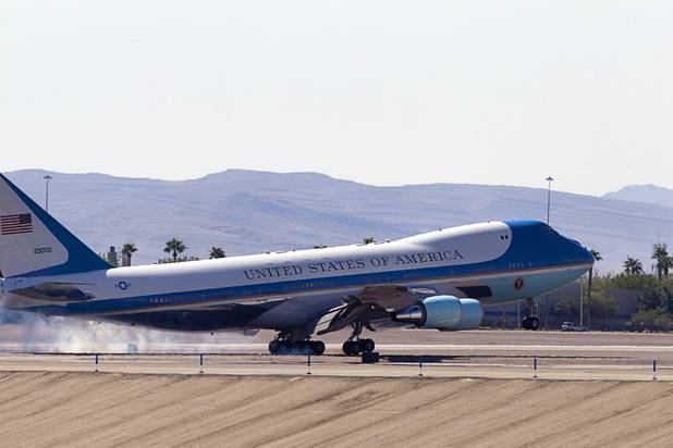 Air Force One touches down at McCarran International Airport on Sunday, Sept. 30, 2012.