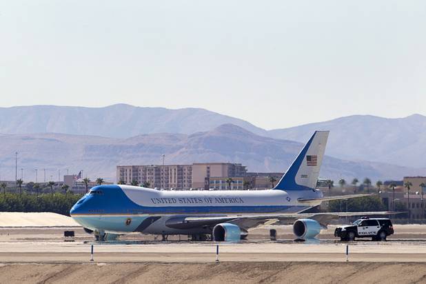 Air Force One taxis after landing at McCarran International Airport Sunday, Sept. 30, 2012. President Barack Obama will attend a campaign rally then stay in Henderson as he prepares for his first debate with Republican presidential candidate Mitt Romney. The debate will be held in Colorado Wednesday.