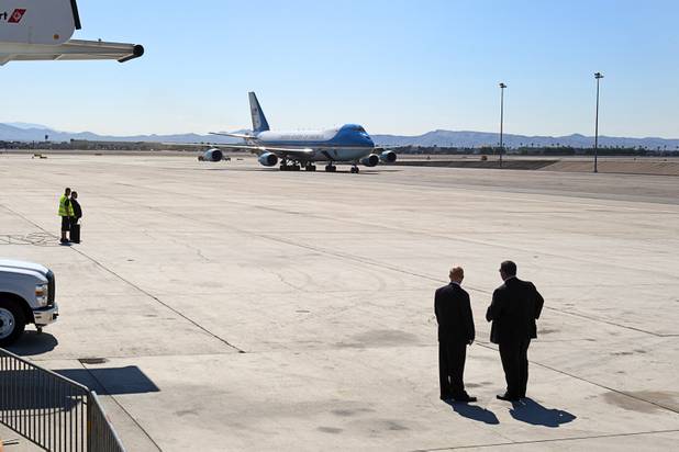 Air Force One taxis after landing at McCarran International Airport Sunday, Sept. 30, 2012. President Barack Obama will attend a campaign rally then stay in Henderson as he prepares for his first debate with Republican presidential candidate Mitt Romney. The debate will be held in Colorado Wednesday.