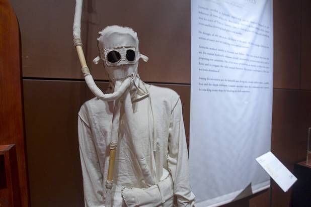 A replica of a diving suit is displayed in "Da Vinci- The Genius" exhibit at the Imagine Gallery in the Venetian Monday, Oct. 1, 2012. This week, all Hyde Park sixth graders, who have been studying about  Leonardo Da Vinci for about a month, will visit the exhibit. The traveling exhibit has been extended through January, a representative said.