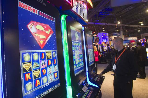 A Superman-themed slot machine is displayed at the Aristocrat booth during the Global Gaming Expo (G2E) at the Sands Expo Center Tuesday, Oct. 2, 2012.