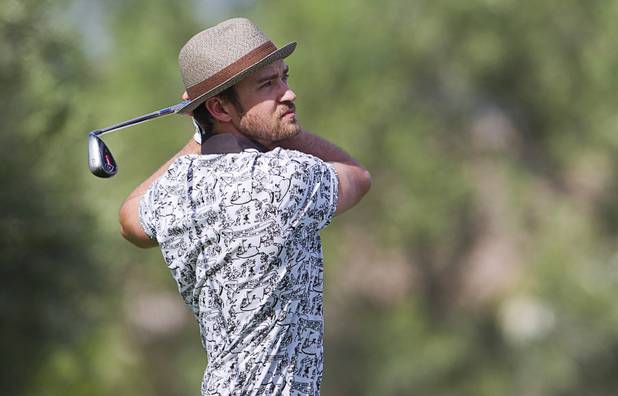 Justin Timberlake drives the ball during the Pro-Am portion of the Justin Timberlake Shriners Hospitals for Children Open at TPC Summerlin Wednesday, Oct. 3 2012.