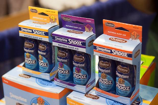 Sleepytime Snooz shots by Celestial Seasonings are displayed  during the annual National Association of Convenience Stores (NACS) trade show at the Las Vegas Convention Center Monday, Oct. 8, 2012.
