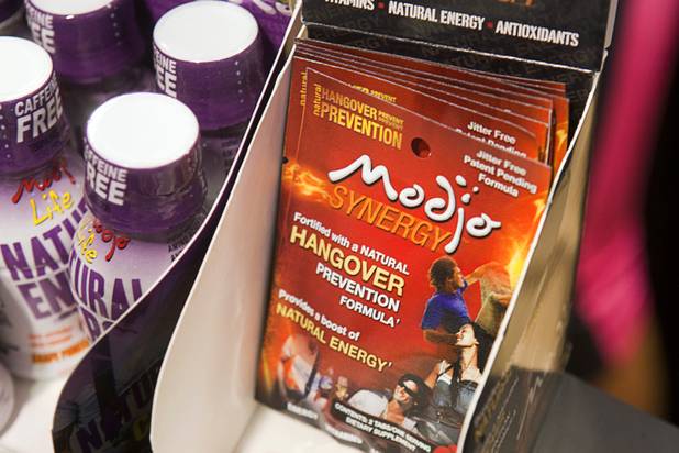 Modjo Synergy, a hangover remedy, is displayed during the annual National Association of Convenience Stores (NACS) trade show at the Las Vegas Convention Center Monday, Oct. 8, 2012.