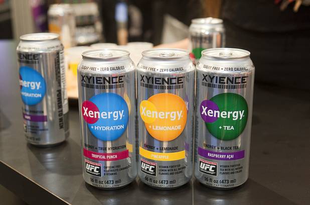 Three new non-carbonated energy drinks are displayed at the Xyience booth during the annual National Association of Convenience Stores (NACS) trade show at the Las Vegas Convention Center Monday, Oct. 8, 2012. The Hydration drink has no caffeine.