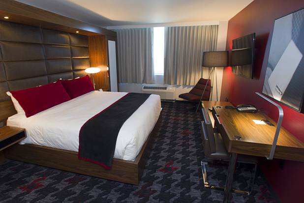 The bedroom of a renovated suite is shown at the D Las Vegas in downtown Las Vegas Tuesday, Oct. 9, 2012. The casino, formerly Fitzgeralds, is celebrating it's rebranding and renovation with festivities this weekend.