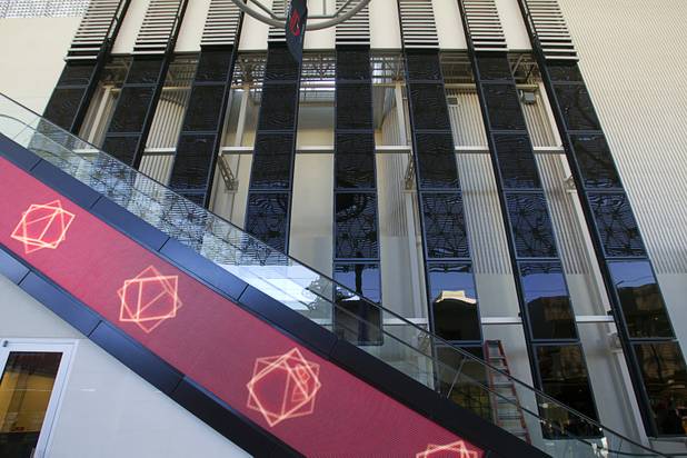 Video screens are shown on the side of the D Las Vegas in downtown Las Vegas Tuesday, Oct. 9, 2012. The screens have the ability to move together and form one giant video screen, said CEO Derek Stevens. The casino, formerly Fitzgeralds, is celebrating it's rebranding and renovation with festivities this weekend.