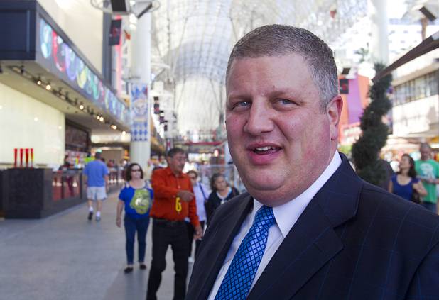 D Las Vegas CEO Derek Stevens is shown by the casino in downtown Las Vegas Tuesday, Oct. 9, 2012. The casino, formerly Fitzgeralds, is celebrating it's rebranding and renovation with festivities this weekend.