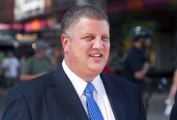 D Las Vegas CEO Derek Stevens is shown by the casino in downtown Las Vegas Tuesday, Oct. 9, 2012. The casino, formerly Fitzgeralds, is celebrating it's rebranding and renovation with festivities this weekend.