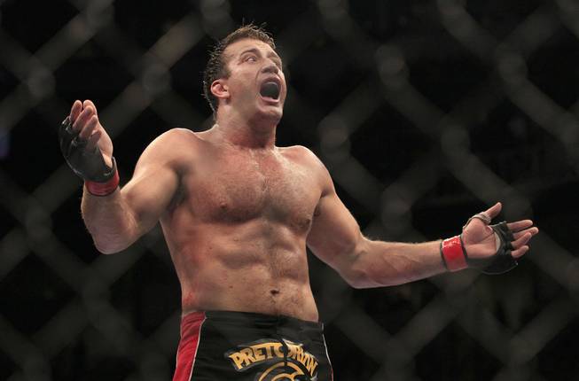 Stephan Bonnar reacts after the end of a UFC 139 Mixed Martial Arts light heavyweight bout against Kyle Kingsbury in San Jose, Calif., Saturday, Nov. 19, 2011. Bonnar won by unanimous decision.