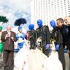 From left to right: former Mayor of Las Vegas Oscar Goodman and his showgirls, The Blue Man Group, and founders of Blue Man Group Phil Stanton and Chris Wink on the opening day of their new show at the Monte Carlo, Wednesday Oct. 10, 2012.