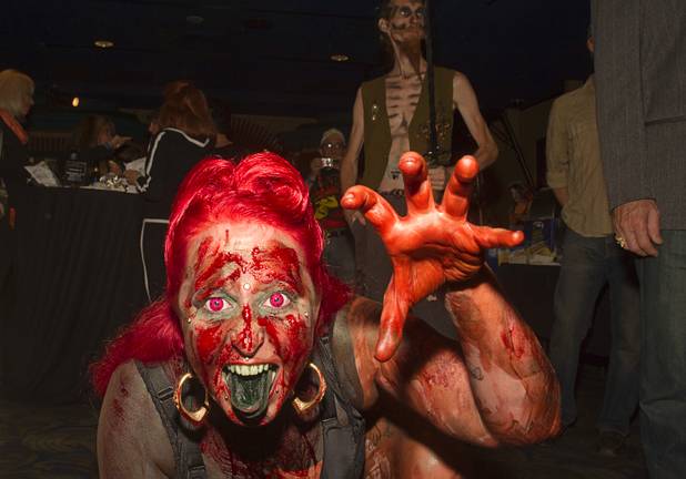 Kelvikta the Blade poses during a VIP/media night event at the Amazing Jonathan's SCREAMont Experiment haunted hotel at the Las Vegas Club in downtown Las Vegas Thursday, Oct. 10, 2012. The haunted hotel is open nightly from 7 p.m. to midnight.