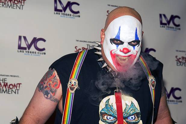 Scorch the Clown of Freakling Bros. arrives for a VIP/media night event at the Amazing Jonathan's SCREAMont Experiment haunted hotel at the Las Vegas Club in downtown Las Vegas Thursday, Oct. 10, 2012. The haunted hotel is open nightly from 7 p.m. to midnight.