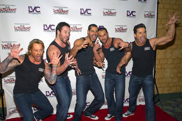 Members of Thunder From Down Under adopt a scary pose during a VIP/media night event at the Amazing Jonathan's SCREAMont Experiment haunted hotel at the Las Vegas Club in downtown Las Vegas Thursday, Oct. 10, 2012. The haunted hotel is open nightly from 7 p.m. to midnight.