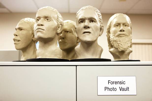 3D renderings of police sketches are used to identify the dead inside the Clark County Office of the Coroner/Medical Examiner in Las Vegas on Thursday, October 11, 2012.