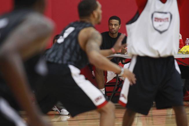 UNLV guard Bryce Dejean-Jones sits out practice with a broken hand Friday, Oct. 12, 2012.