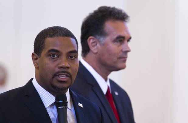 Candidates for the state's 4th Congressional District Steven Horsford, left, and Danny Tarkanian debate at Temple Sinai of Las Vegas in Summerlin Sunday, Oct. 14, 2012. The temple's Men's Club sponsored the debate.