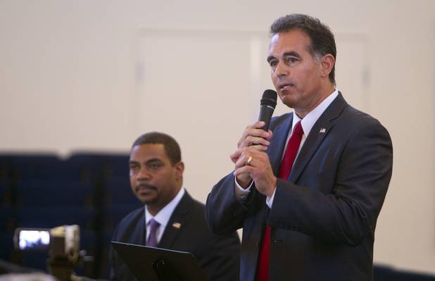 Candidates for the state's 4th Congressional District Steven Horsford, left, and Danny Tarkanian debate at Temple Sinai of Las Vegas in Summerlin Sunday, Oct. 14, 2012. The temple's Men's Club sponsored the debate.