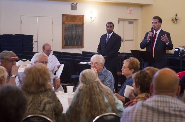 Candidates for the state's 4th Congressional District Steven Horsford, left, and Danny Tarkanian debate at Temple Sinai of Las Vegas in Summerlin Sunday, Oct. 14, 2012. The temple's Men's Club sponsored the debate.