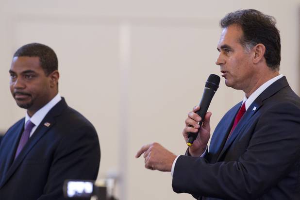 Candidates for the state's 4th Congressional District Steven Horsford, left, and Danny Tarkanian debate at Temple Sinai of Las Vegas in Summerlin Sunday, Oct. 14, 2012. The temple's Men's Club sponsored the debate.