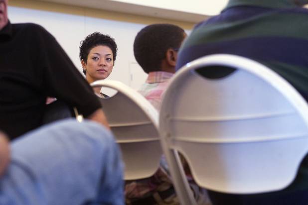 Sonya Horsford listens as her husband Steven Horsford debates Danny Tarkanian during a debate between the 4th Congressional District candidates at Temple Sinai of Las Vegas in Summerlin Sunday, Oct. 14, 2012. The temple's Men's Club sponsored the debate.