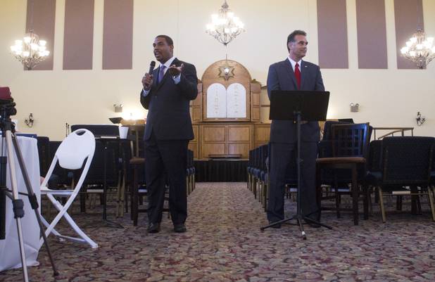 Candidates for the state's 4th Congressional District Steven Horsford, left, and Danny Tarkanian debate at Temple Sinai of Las Vegas in Summerlin Sunday, Oct. 14, 2012. The temple's Men's Club sponsored the debate.