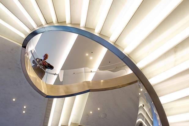 Peter Sinibaldi, group director for the Las Vegas Tiffany stores, poses at the top of a spiral staircase at Tiffany and Co. in the Crystals retail mall Monday, Oct. 15, 2012.