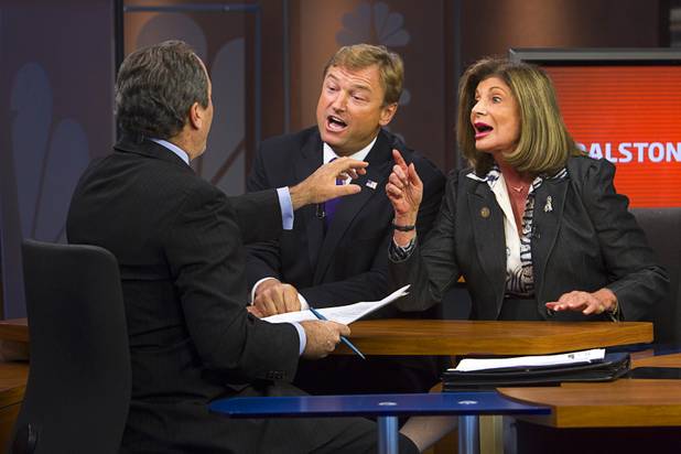 Dean Heller and Shelley Berkley, candidates for Nevada's U.S. Senate seat, debate on the "Ralston Reports" television program at the KSNV-Channel 3 studios Monday, Oct. 15, 2012.