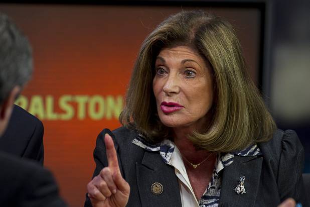 Shelley Berkley, candidate for Nevada's U.S. Senate seat, speaks during a debate with Dean Heller on the "Ralston Reports" television program at the KSNV-Channel 3 studios Monday, Oct. 15, 2012.