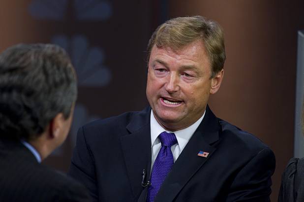 Dean Heller, candidate for Nevada's U.S. Senate seat, speaks during a debate with Shelley Berkley on the "Ralston Reports" television program at the KSNV-Channel 3 studios Monday, Oct. 15, 2012.