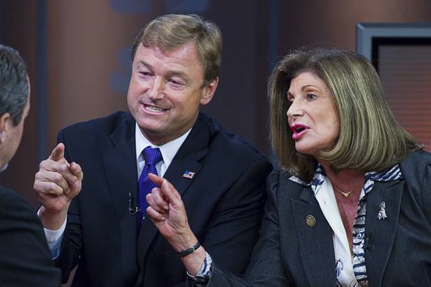 Republican Dean Heller and Democrat Shelley Berkley, candidates for Nevada's U.S. Senate seat, debate on "Ralston Reports" at the KSNV-Channel 3 studios Monday, Oct. 15, 2012.
