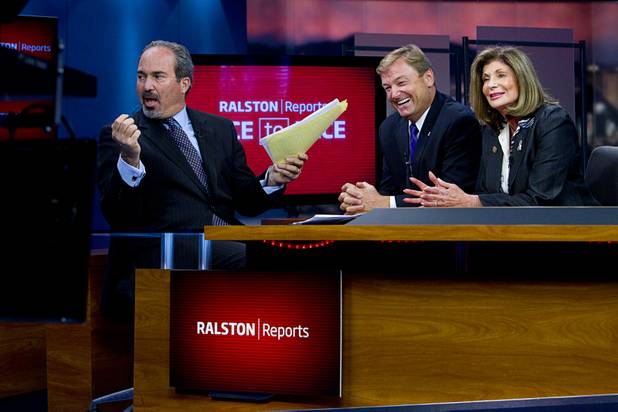 "Ralston Reports" host Jon Ralston gestures during a break in a debate between Dean Heller and Shelley Berkley, candidates for Nevada's U.S. Senate seat, on the "Ralston Reports" television program at the KSNV-Channel 3 studios Monday, Oct. 15, 2012.