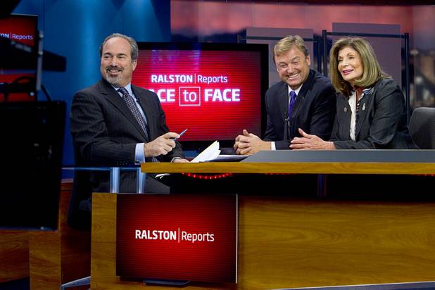 "Ralston Reports" host Jon Ralston hosts a debate between Dean Heller and Shelley Berkley, candidates for Nevada's U.S. Senate seat, on the "Ralston Reports" television program at the KSNV-Channel 3 studios Monday, Oct. 15, 2012.