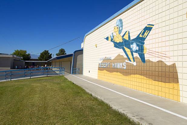 The Lomie Heard Elementary School logo is displayed at the school on Nellis Air Force Base Tuesday, Oct. 16, 2012. The school is the only Clark County school on a military base.