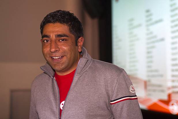 Shakil Khan, head of special projects at Spotify, poses after a keynote address at PubCon, a social media and optimization conference, at the Las Vegas Convention Center Wednesday, Oct. 17, 2012. Spotify is an online music service.