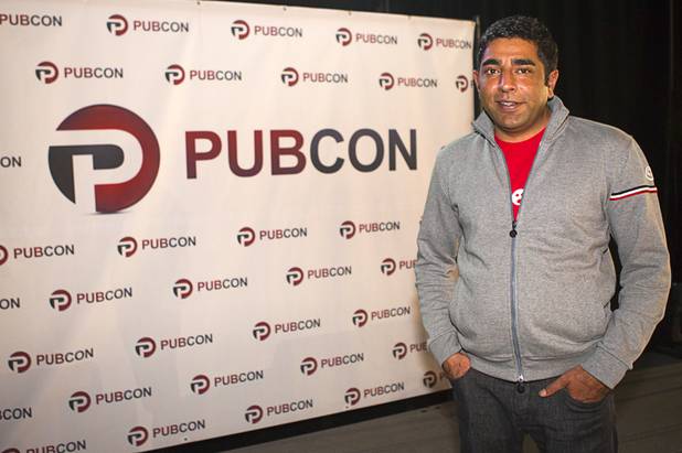 Shakil Khan, head of special projects at Spotify, poses after a keynote address at PubCon, a social media and optimization conference, at the Las Vegas Convention Center Wednesday, Oct. 17, 2012.