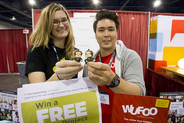 Sheila Grady and Kevin Hale of Survey Monkey pose during PubCon, a social media and optimization conference, at the Las Vegas Convention Center Wednesday, Oct. 17, 2012.