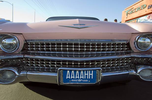The from of John Bergler's pink 1959 Cadillac is pictured during a Breakfast Club of Automotive Enthusiasts weekly meeting at the T-Bird Restaurant and Lounge, 9465 South Eastern Avenue, Wednesday, Oct. 17, 2012.