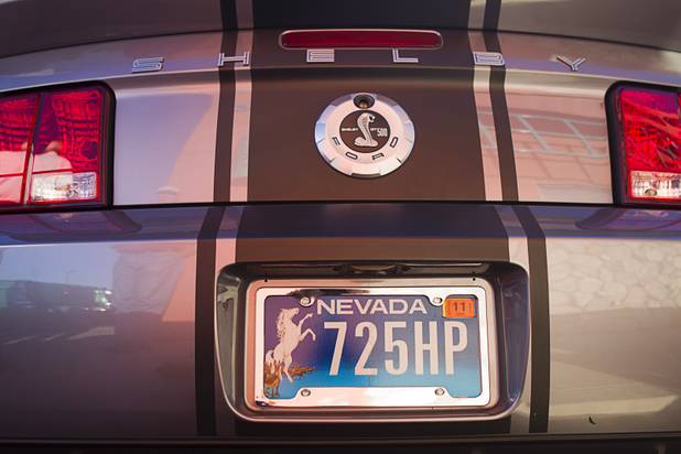 A customized license plate is shown on Bernie Loomis' 2007 Shelby Super Snake during a Breakfast Club of Automotive Enthusiasts weekly meeting at the T-Bird Restaurant and Lounge, 9465 South Eastern Avenue, Wednesday, Oct. 17, 2012.